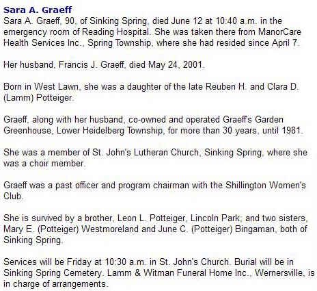Obituary of Sara A Graeff